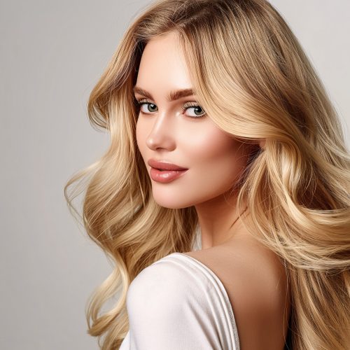 A stunning blonde with long, loose waves cascading down her back.